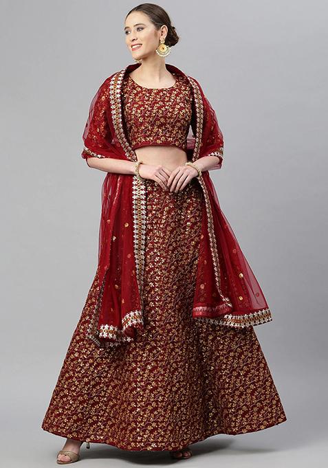 Maroon Sequin Zari Embroidered Raw Silk Lehenga Set