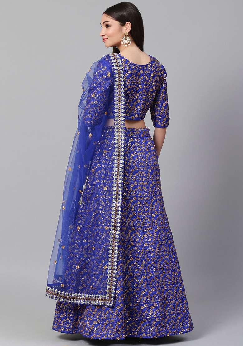 Royal Blue Sequin Zari Embroidered Raw Silk Blend Lehenga Set for Diwali and Festive Wear - Indya