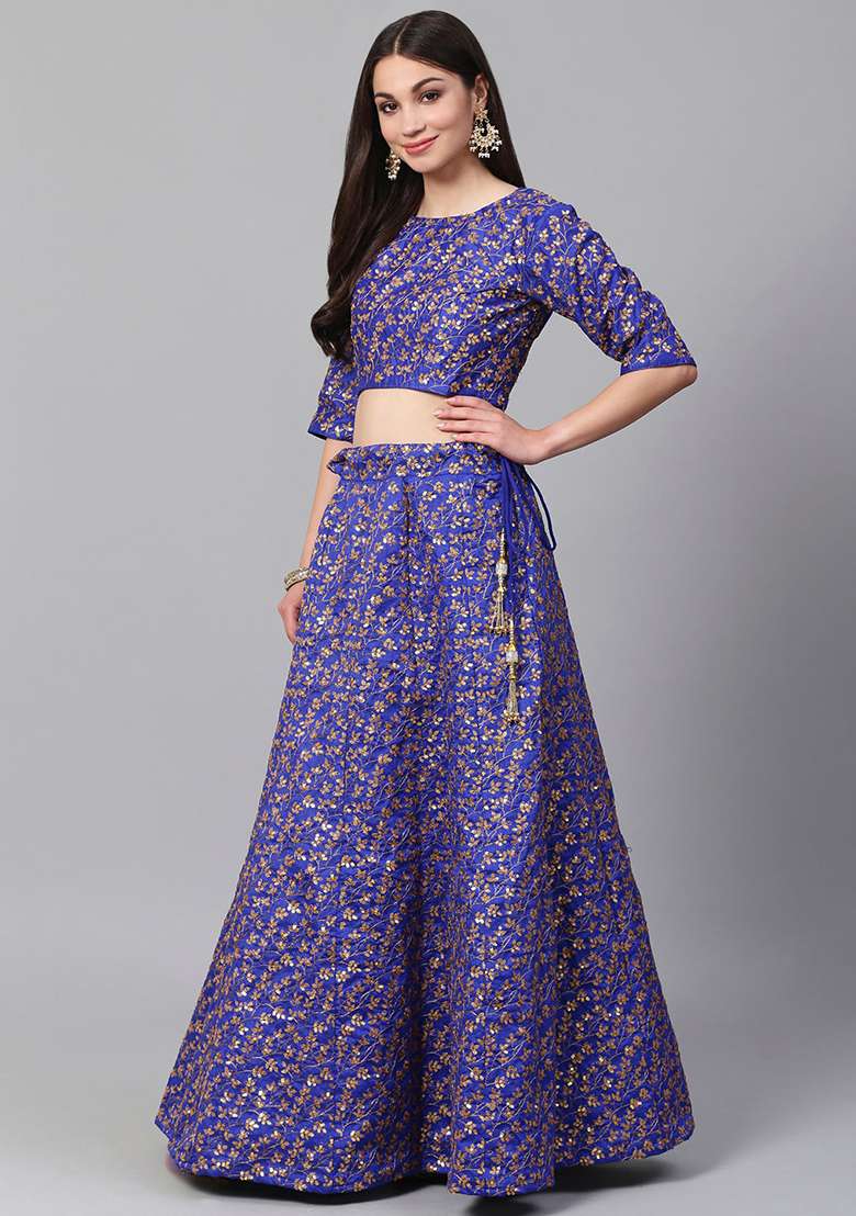 Royal Blue Sequin Zari Embroidered Raw Silk Blend Lehenga Set for Diwali and Festive Wear - Indya