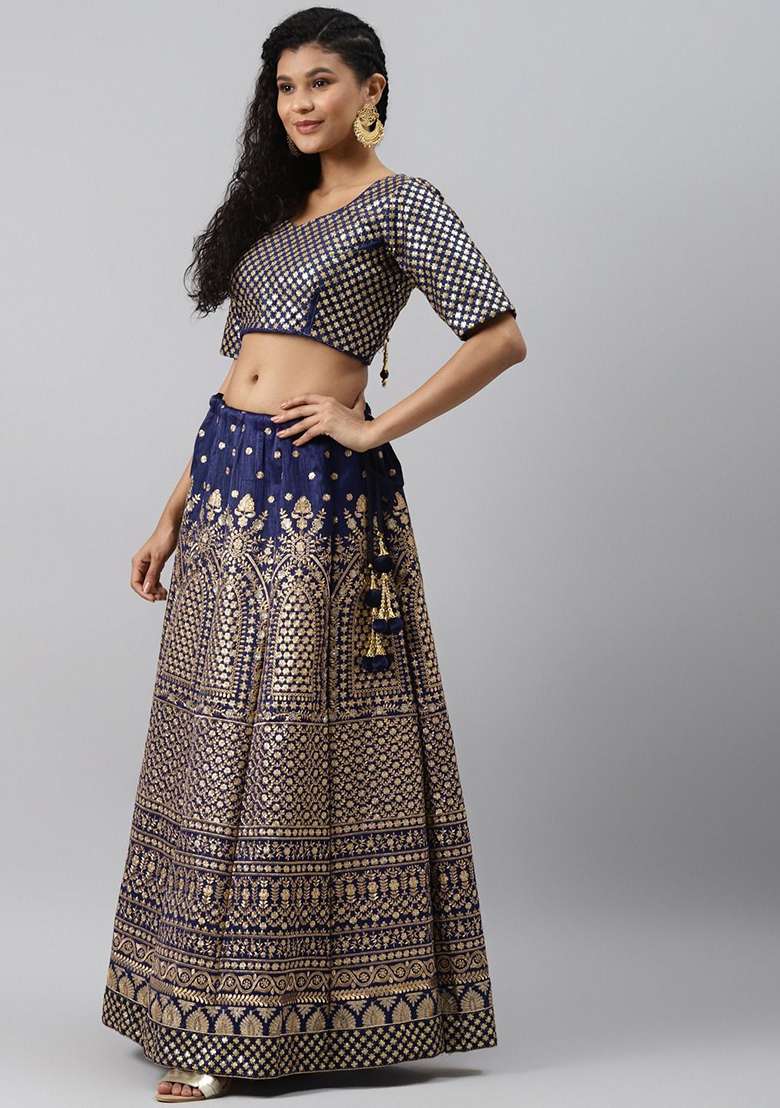 Navy Blue Glitter Zari Blend Raw Silk Lehenga Set with Embroidered & Sequin for Diwali | Wedding & Festive Wear - Indya
