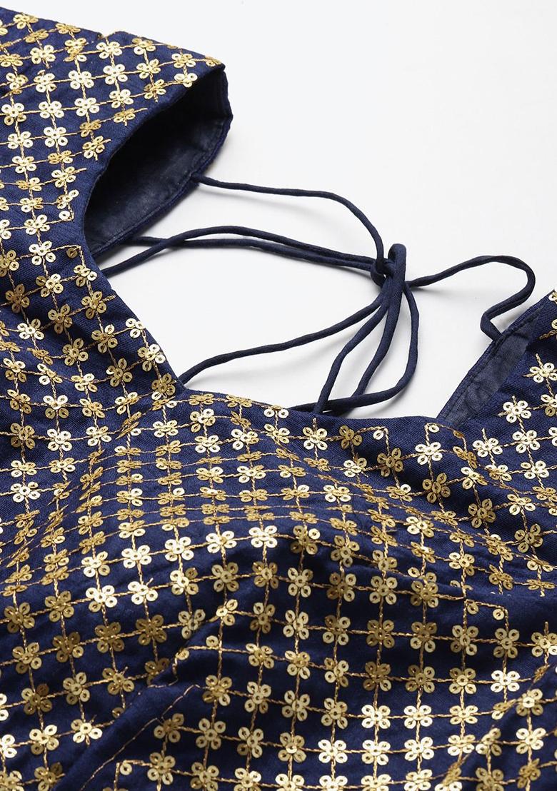 Navy Blue Glitter Sequin Zari Embroidered Raw Silk Lehenga Set - Indya