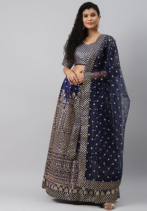 Navy Blue Glitter Sequin Zari Embroidered Raw Silk Lehenga Set