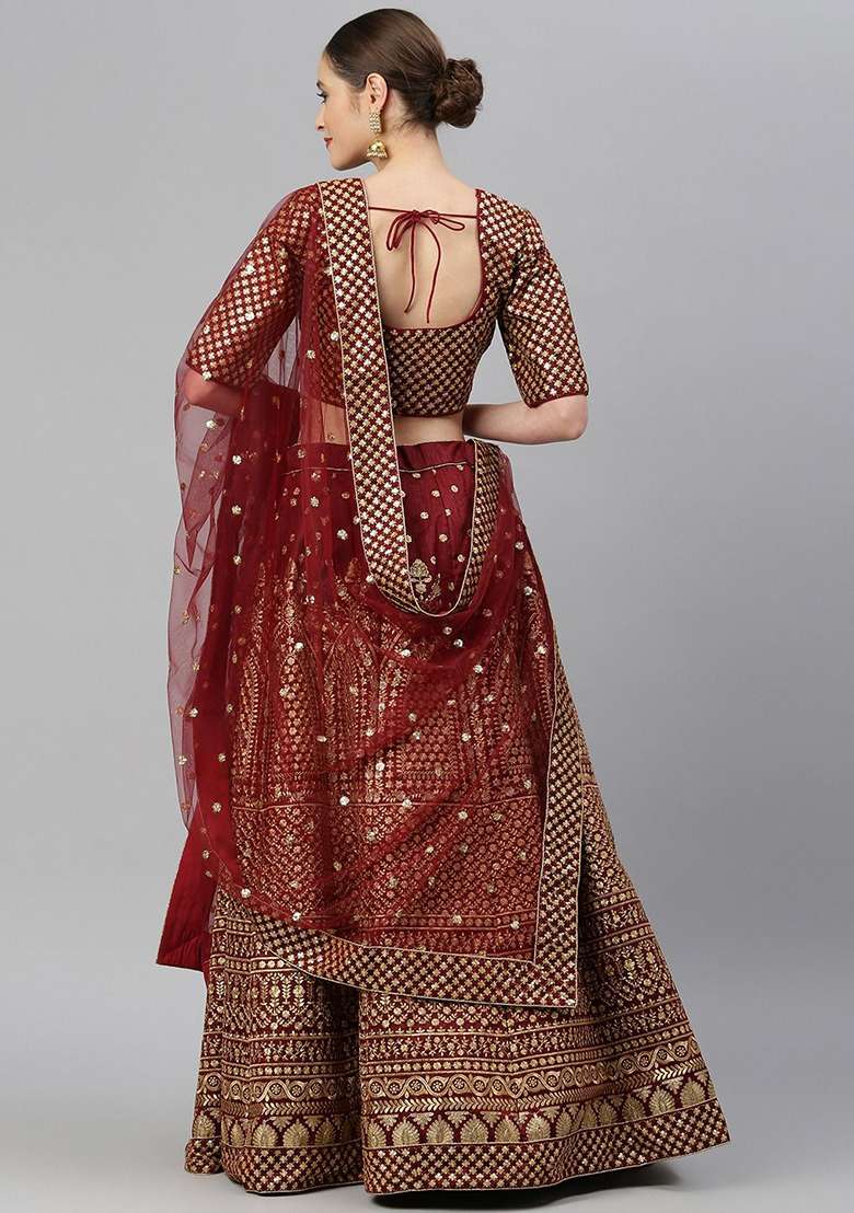 Maroon Glitter Zari Blend Raw Silk Lehenga Set with Embroidered & Sequin for Diwali | Wedding & Festive Wear - Indya