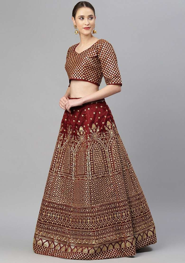 Maroon Glitter Zari Blend Raw Silk Lehenga Set with Embroidered & Sequin for Diwali | Wedding & Festive Wear - Indya
