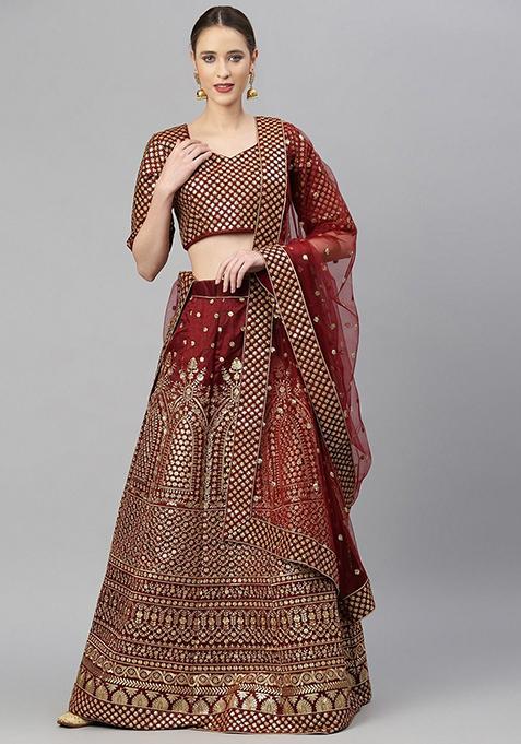 Maroon Glitter Sequin Zari Embroidered Raw Silk Lehenga Set