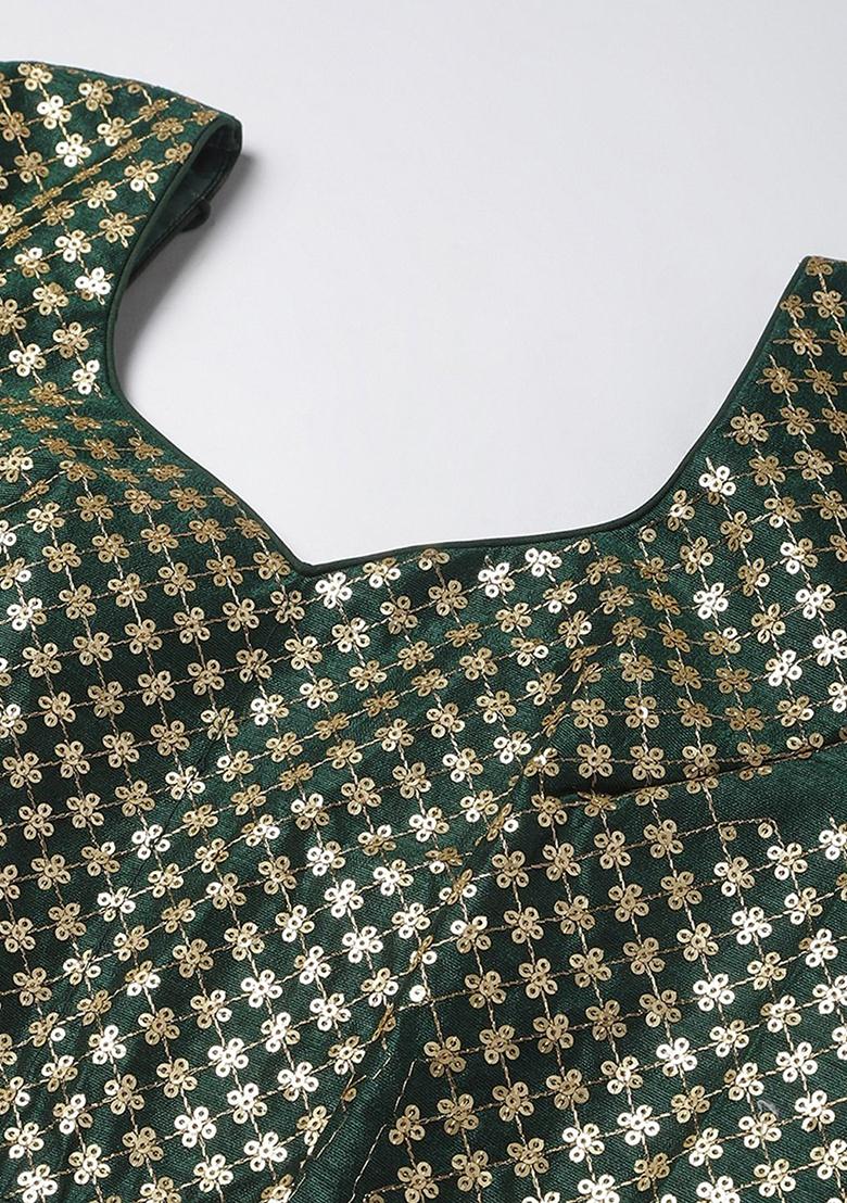 Green Glitter Sequin Zari Embroidered Raw Silk Lehenga Set - Indya