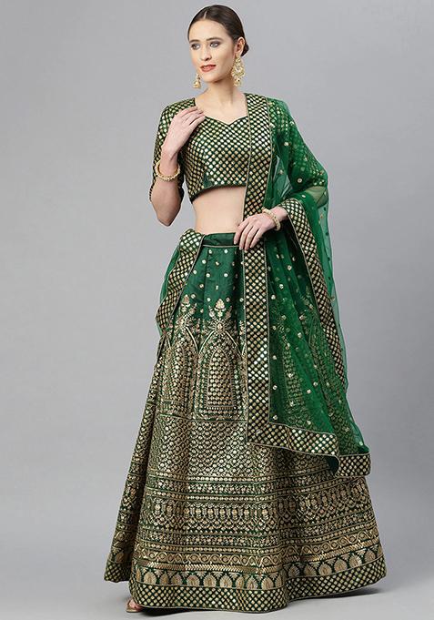 Green Glitter Sequin Zari Embroidered Raw Silk Lehenga Set