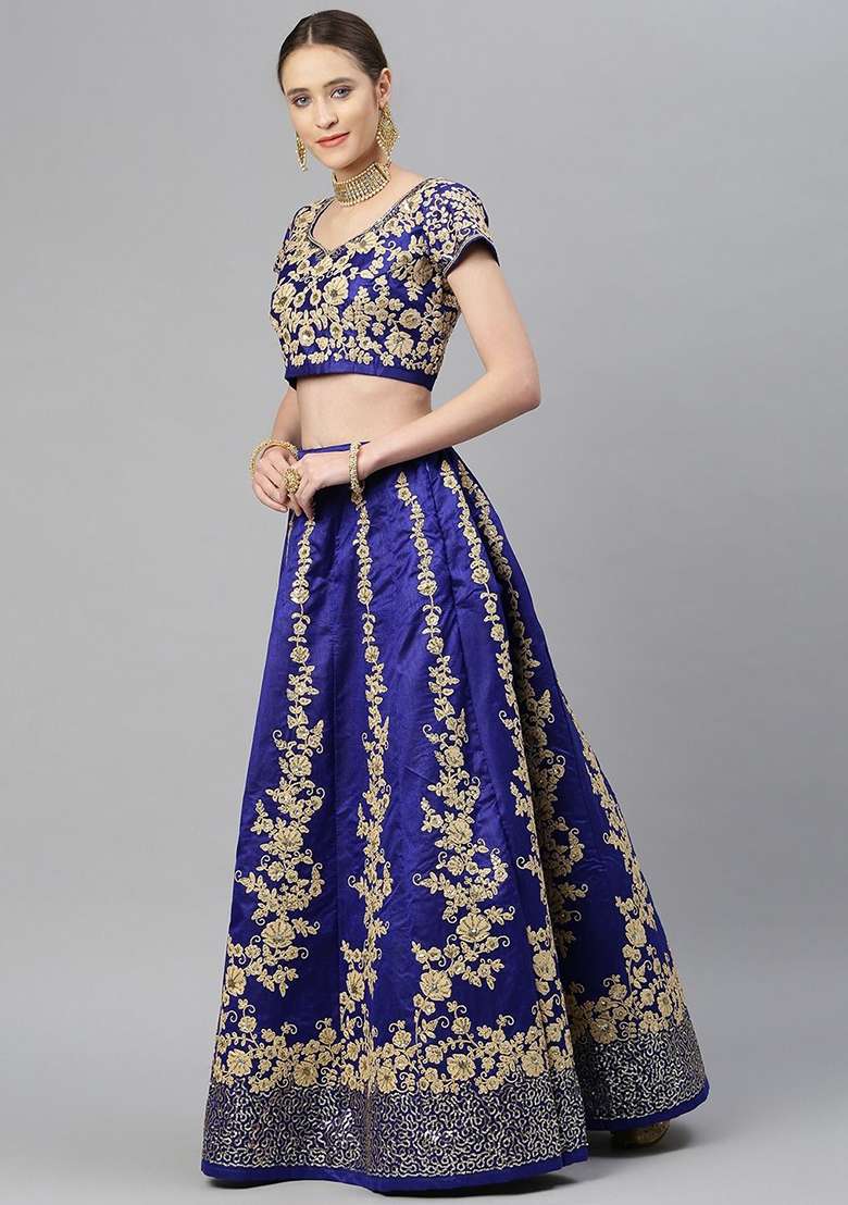 Navy Blue Dori Blend Raw Silk Lehenga Set with Embroidered & Sequin for Diwali | Wedding & Festive Wear - Indya
