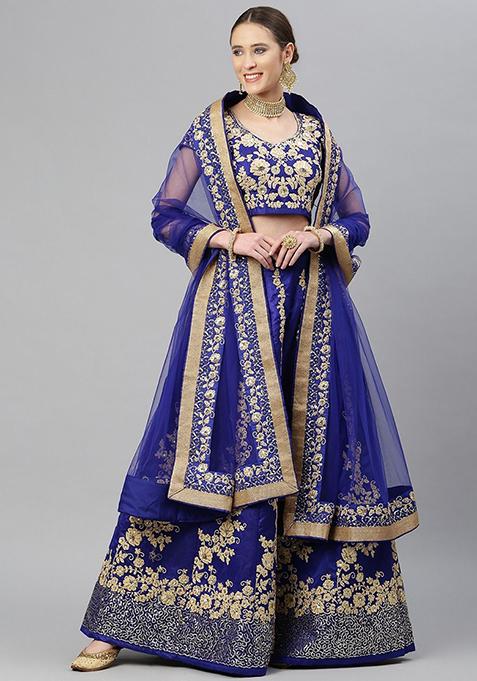 Navy Blue Sequin Dori Embroidered Raw Silk Lehenga Set