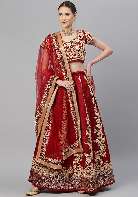 Maroon Sequin Dori Embroidered Raw Silk Lehenga Set