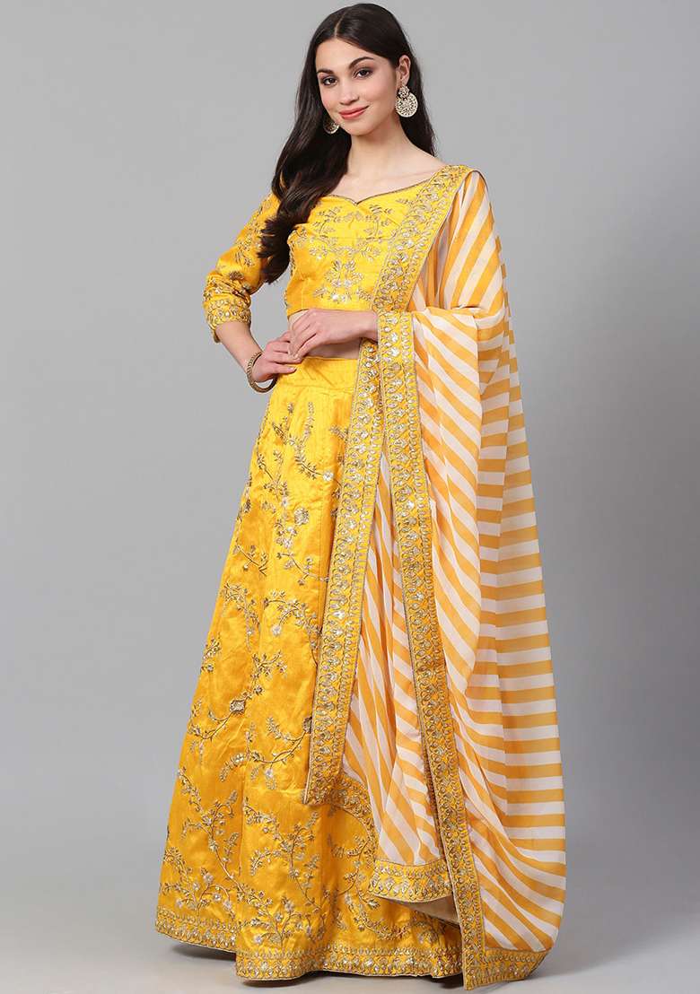 Yellow Sequin Dori Embroidered Mulberry Silk Blend Lehenga Set for Diwali and Festive Wear - Indya