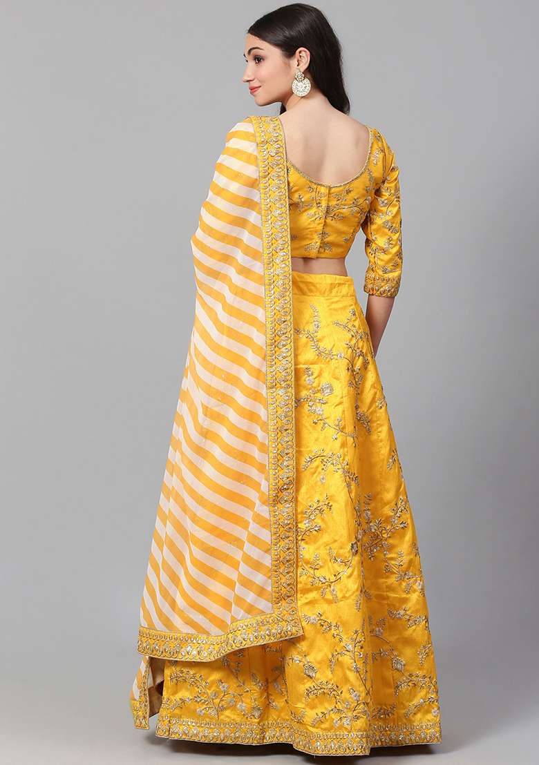 Yellow Sequin Dori Embroidered Mulberry Silk Blend Lehenga Set for Diwali and Festive Wear - Indya