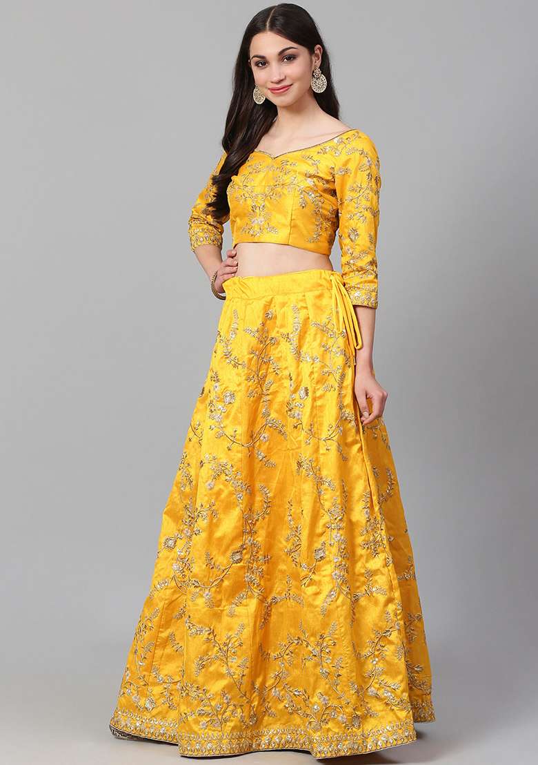 Yellow Sequin Dori Embroidered Mulberry Silk Blend Lehenga Set for Diwali and Festive Wear - Indya