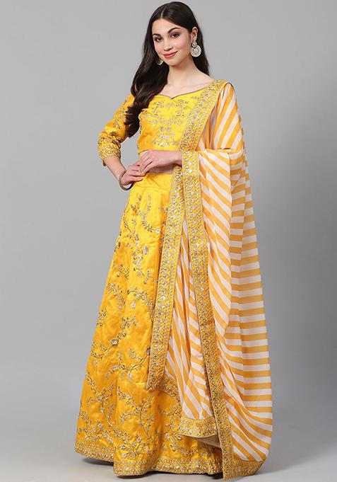 Yellow Sequin Dori Embroidered Mulberry Silk Lehenga Set