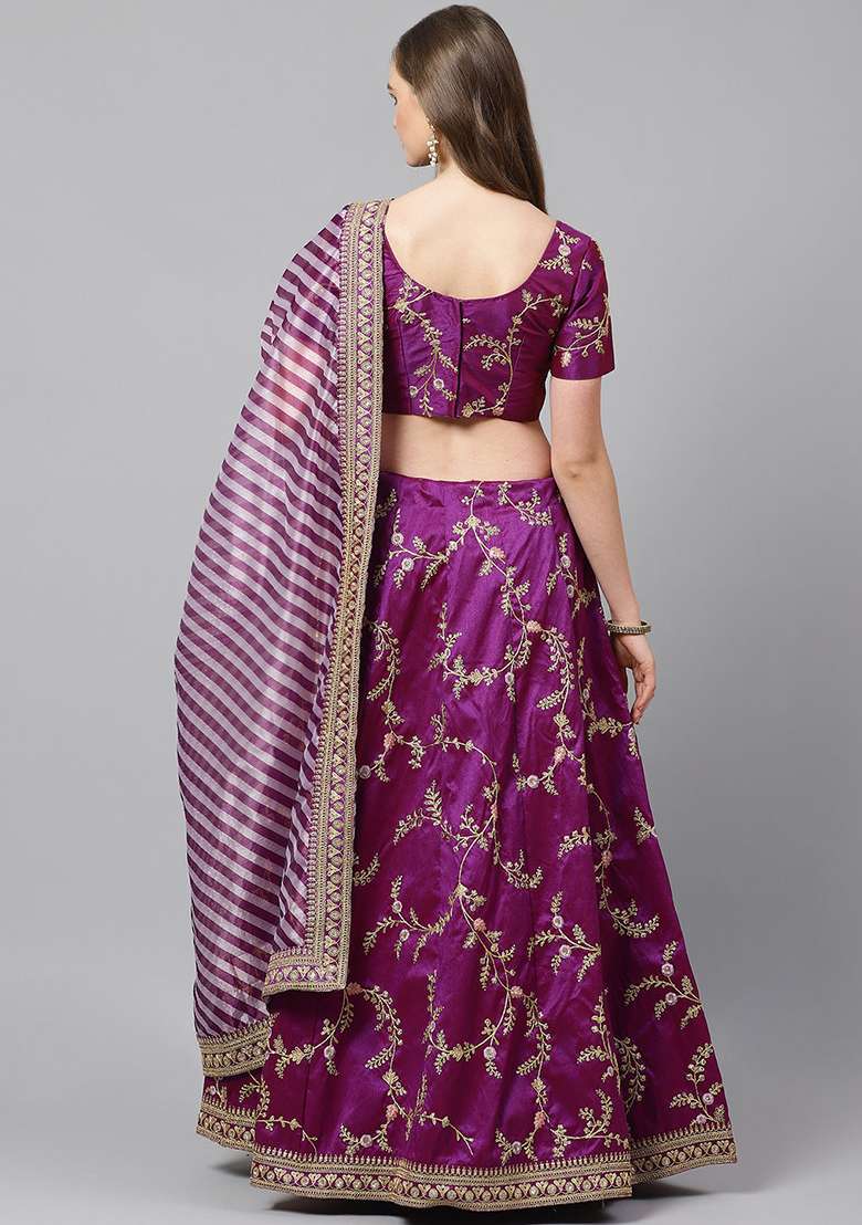 Purple Sequin Dori Embroidered Mulberry Silk Blend Lehenga Set for Diwali and Festive Wear - Indya