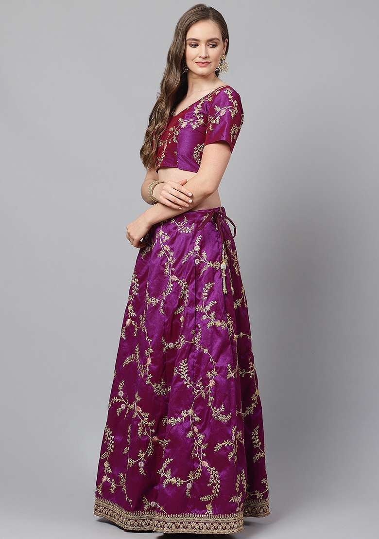 Purple Sequin Dori Embroidered Mulberry Silk Blend Lehenga Set for Diwali and Festive Wear - Indya