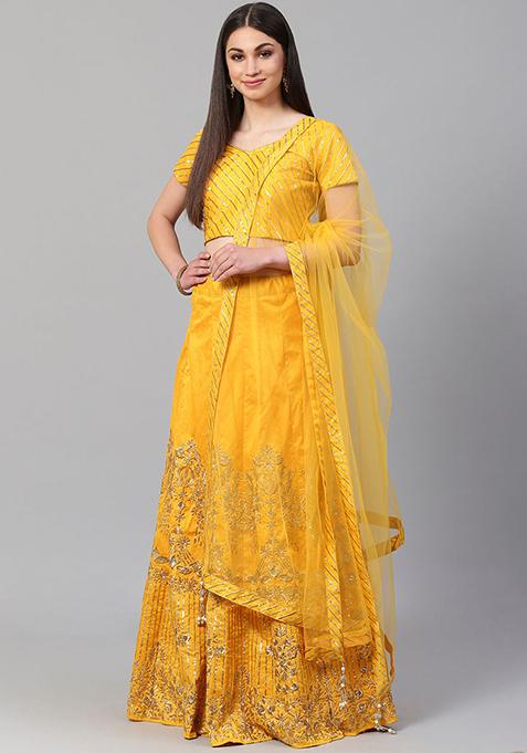 Yellow Zari Sequin Embroidered Art Silk Lehenga Set