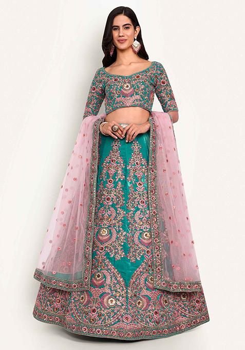 Teal Blue Thread Zari Embroidered Velvet Lehenga Set