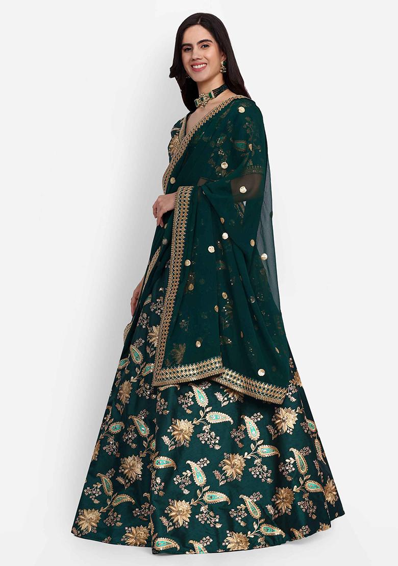Green Zari Thread Embroidered Art Silk Lehenga Set - Indya