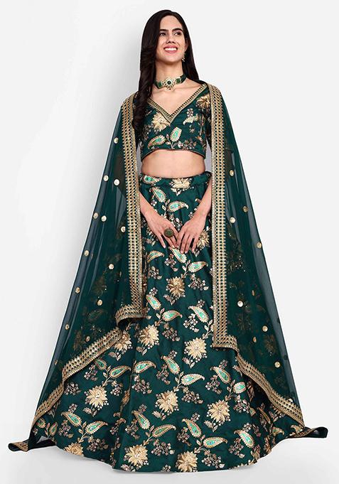 Green Zari Thread Embroidered Art Silk Lehenga Set