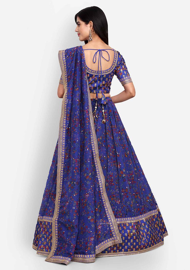 Blue Thread Zari Embroidered Organza Lehenga Set - Indya