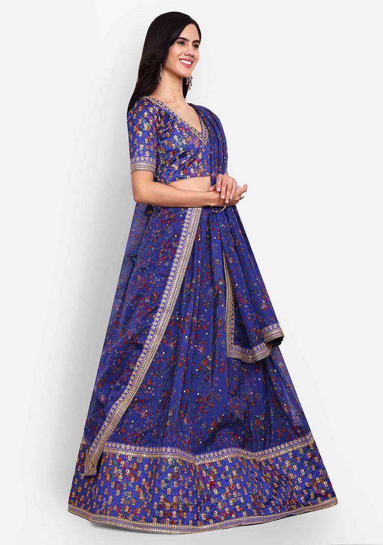 Blue Thread Zari Embroidered Organza Lehenga Set - Indya