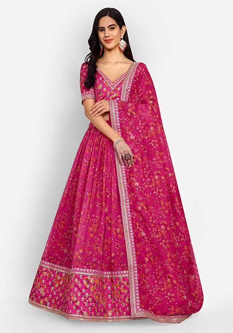 Pink Thread Zari Embroidered Organza Lehenga Set