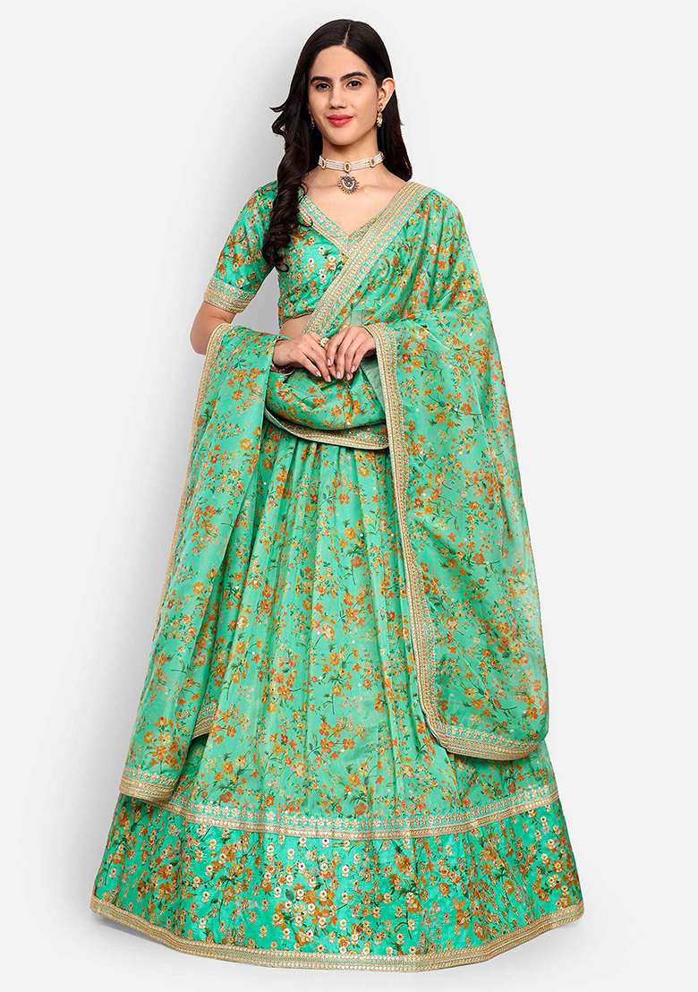 Pista Thread Zari Embroidered Organza Lehenga Set for Diwali and Festive Wear - Indya