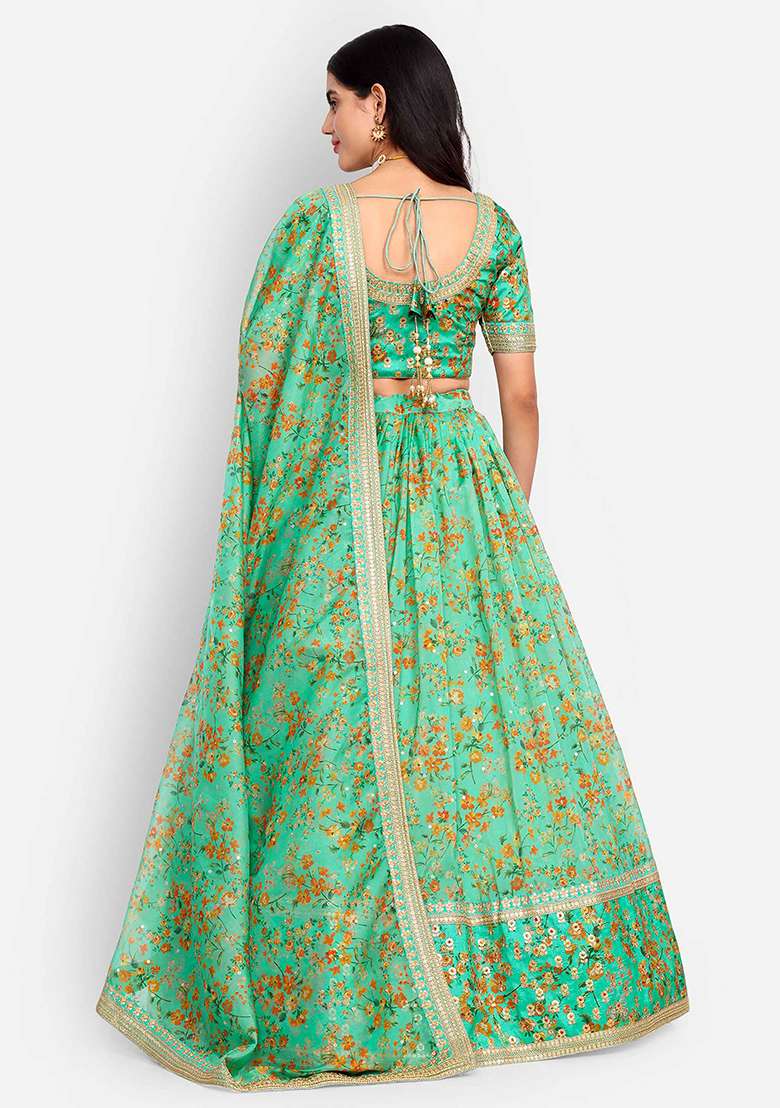 Pista Thread Zari Embroidered Organza Lehenga Set for Diwali and Festive Wear - Indya