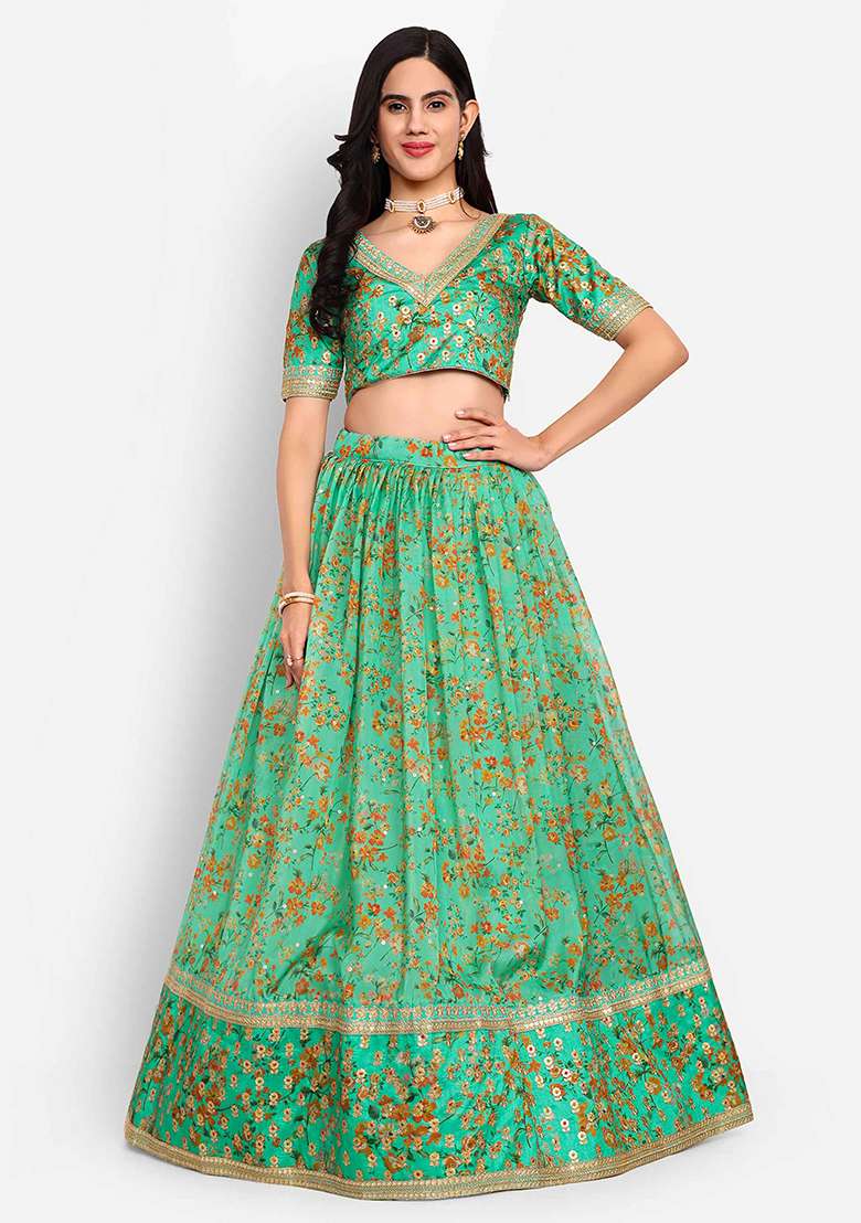 Pista Thread Zari Embroidered Organza Lehenga Set for Diwali and Festive Wear - Indya