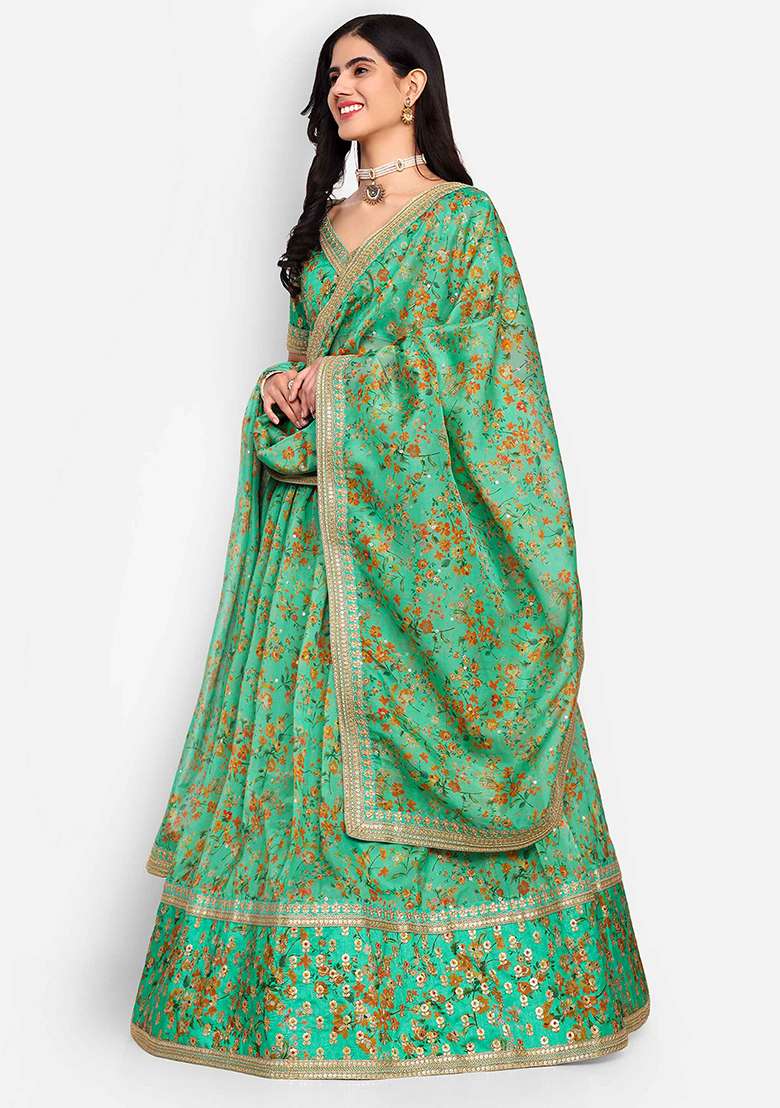 Pista Thread Zari Embroidered Organza Lehenga Set for Diwali and Festive Wear - Indya