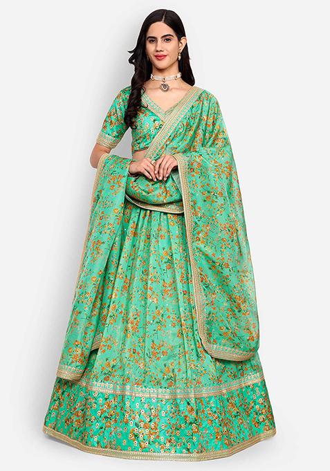 Pista Thread Zari Embroidered Organza Lehenga Set