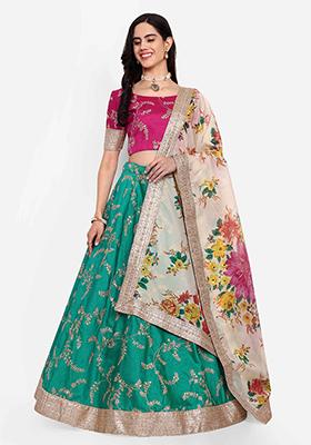 Green Zari Thread Embroidered Art Silk Lehenga Set