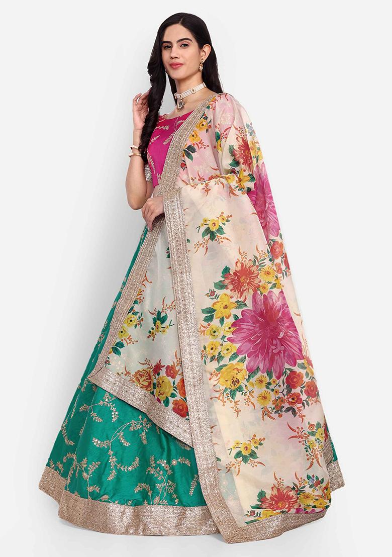 Green Zari Thread Embroidered Art Silk Lehenga Set - Indya