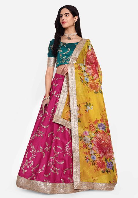 Pink Zari Thread Embroidered Art Silk Lehenga Set