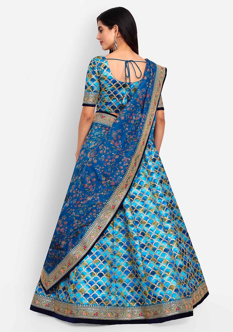 Blue Thread Zari Embroidered Art Silk Lehenga Set - Indya