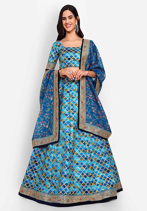 Blue Thread Zari Embroidered Art Silk Lehenga Set