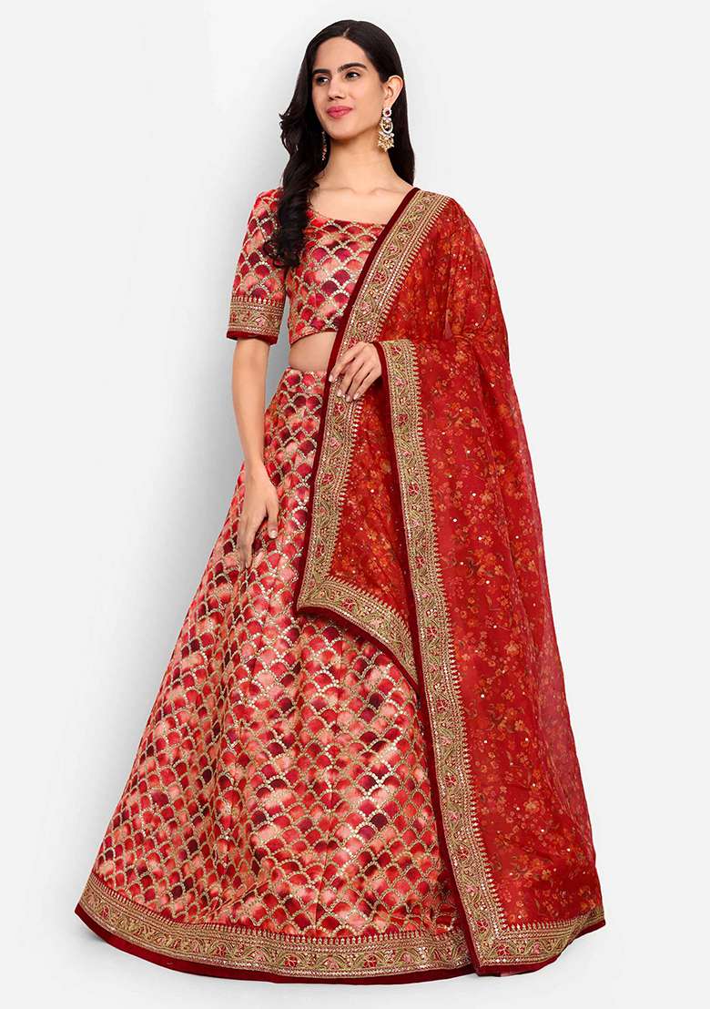 Red Thread Zari Embroidered Art Silk Blend Lehenga Set for Diwali and Festive Wear - Indya