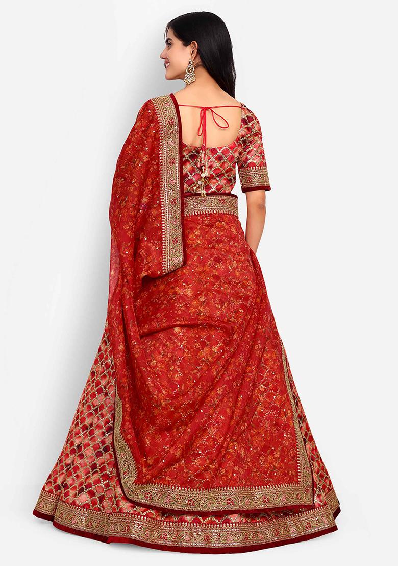 Red Thread Zari Embroidered Art Silk Lehenga Set