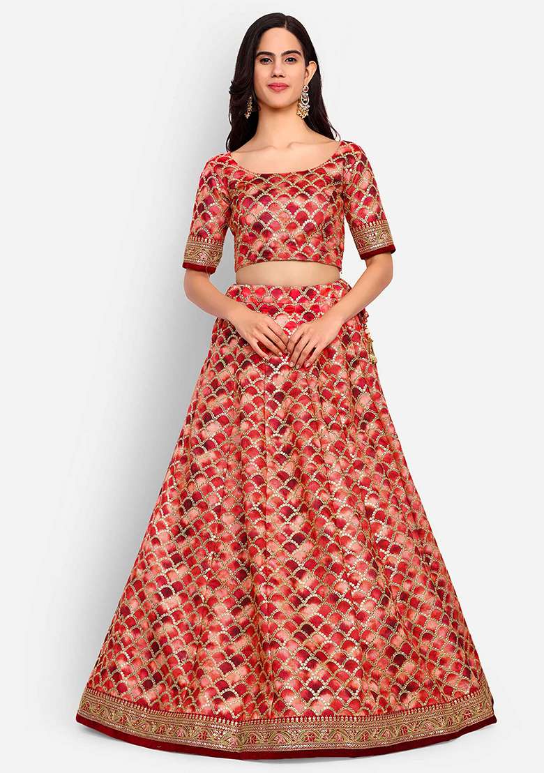 Red Thread Zari Embroidered Art Silk Blend Lehenga Set for Diwali and Festive Wear - Indya