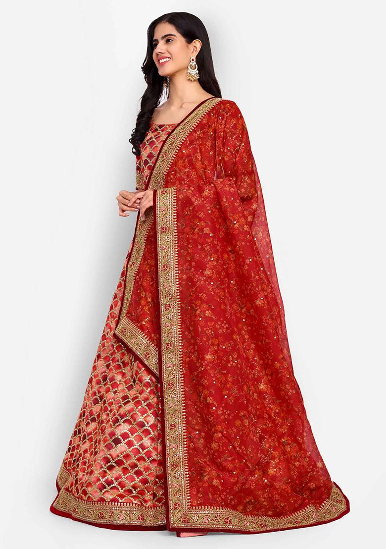 Red Thread Zari Embroidered Art Silk Lehenga Set