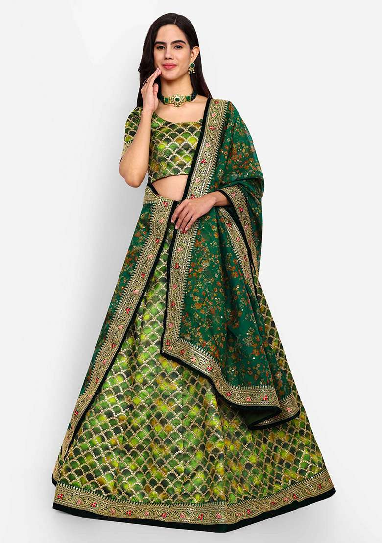 Green Thread Zari Embroidered Art Silk Blend Lehenga Set for Diwali and Festive Wear - Indya
