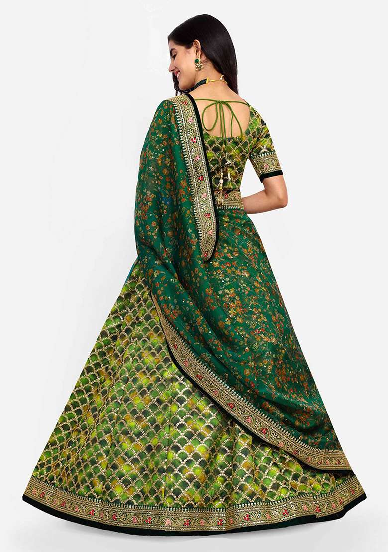 Green Thread Zari Embroidered Art Silk Blend Lehenga Set for Diwali and Festive Wear - Indya