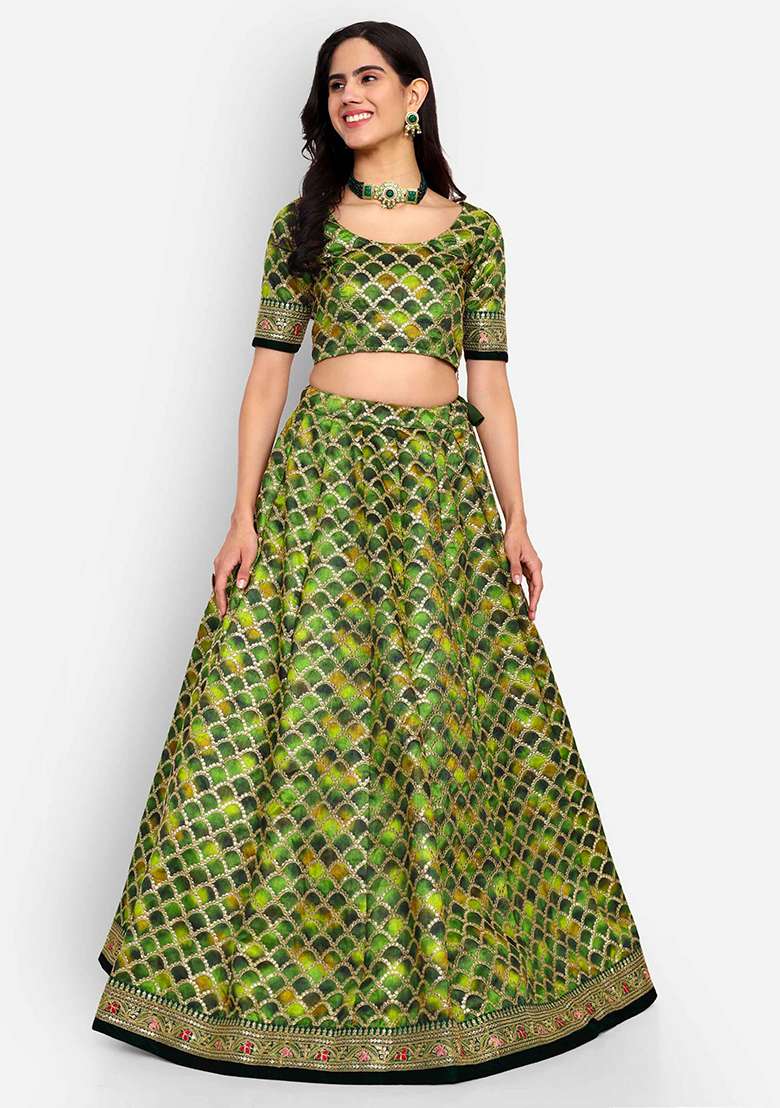 Green Thread Zari Embroidered Art Silk Blend Lehenga Set for Diwali and Festive Wear - Indya