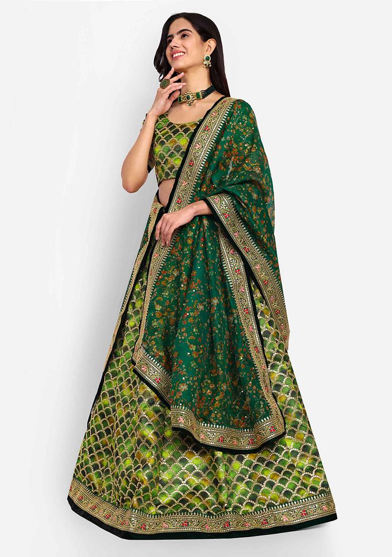 Green Thread Zari Embroidered Art Silk Lehenga Set - Indya