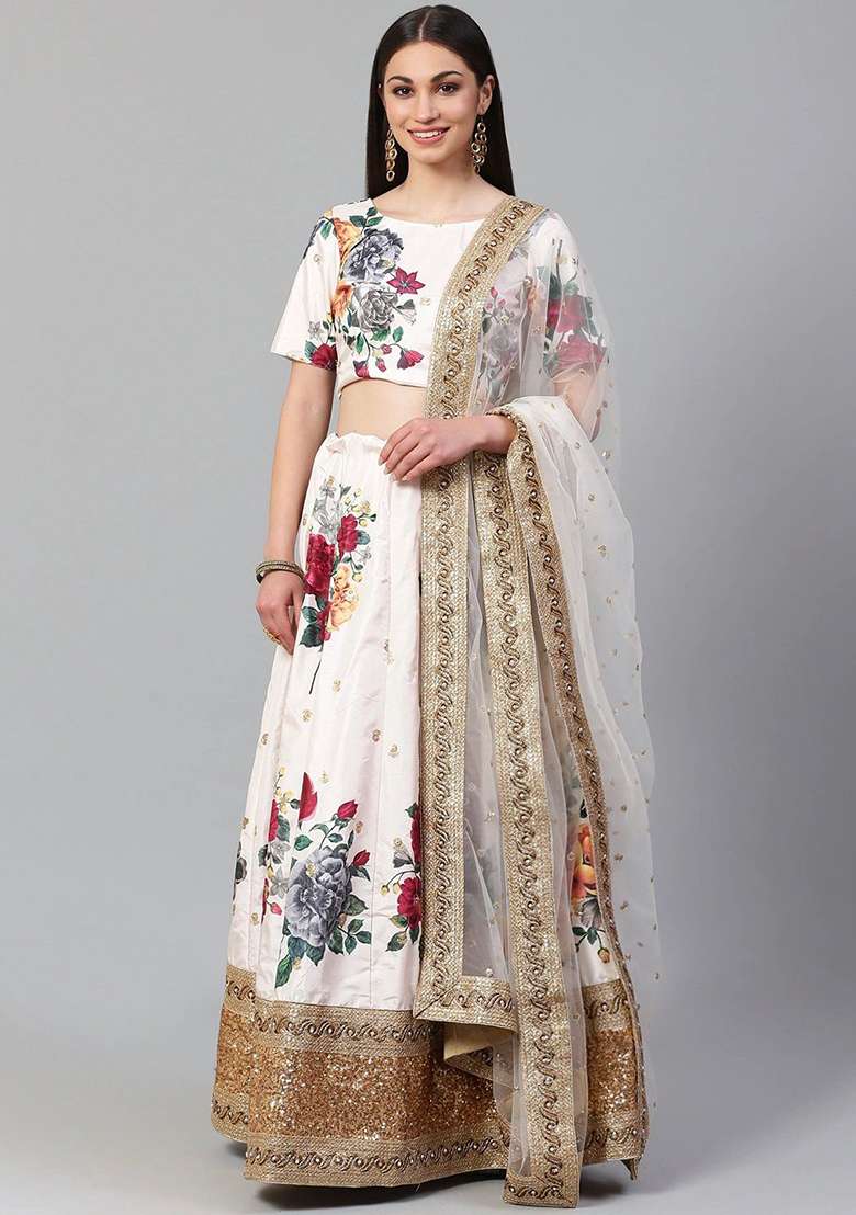 Off White Zari Banglori Silk Blend Lehenga Set with Floral Print & Embroidered for Diwali | Wedding & Festive Wear - Indya
