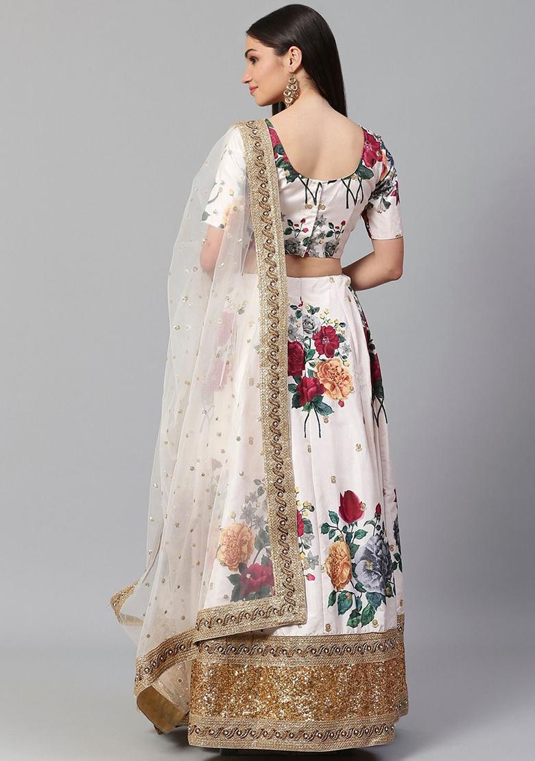 Off White Floral Print Zari Embroidered Banglori Silk Lehenga Set