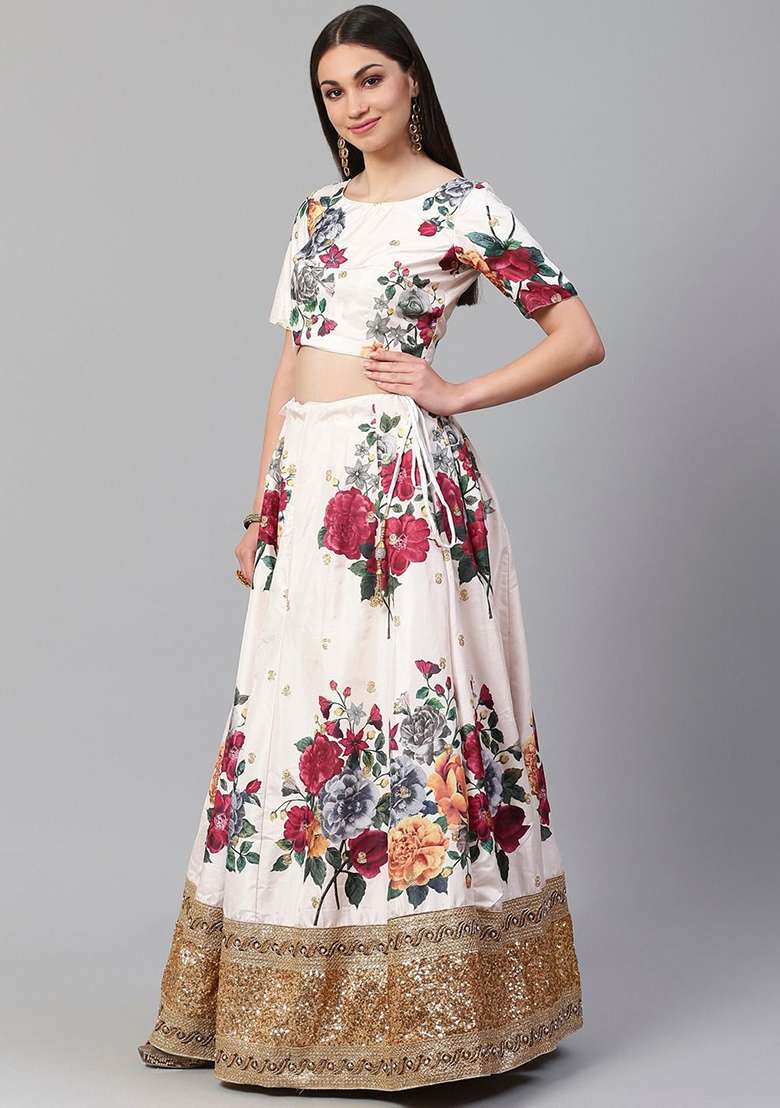 Off White Zari Banglori Silk Blend Lehenga Set with Floral Print & Embroidered for Diwali | Wedding & Festive Wear - Indya