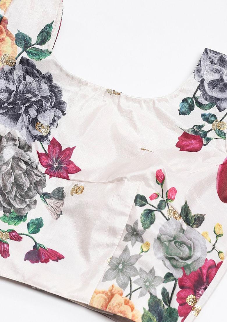 Off White Floral Print Zari Embroidered Banglori Silk Lehenga Set