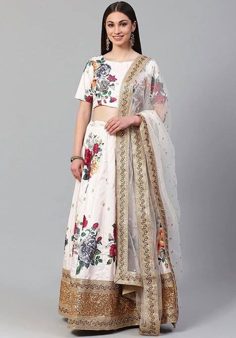 Off White Floral Print Zari Embroidered Banglori Silk Lehenga Set